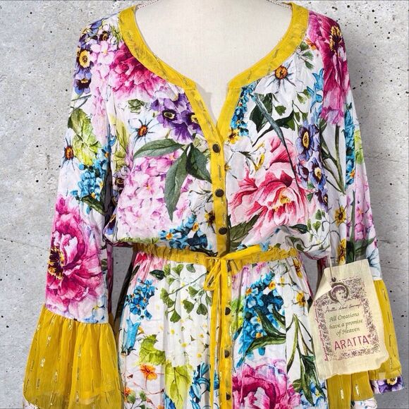 Aratta Silent Journey Ibiza Shirt Dress Medium White Floral Bell Sleeves Boho - Picture 4 of 16